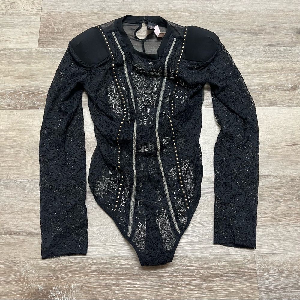 Victorias Secret Black Beaded Embellished Lace Bodysuit Medium NWT